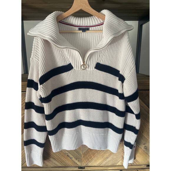 Tommy Hilfiger Chunky Cableknit Quarter Zip Striped Sweater Navy Cream Large - Picture 1 of 6